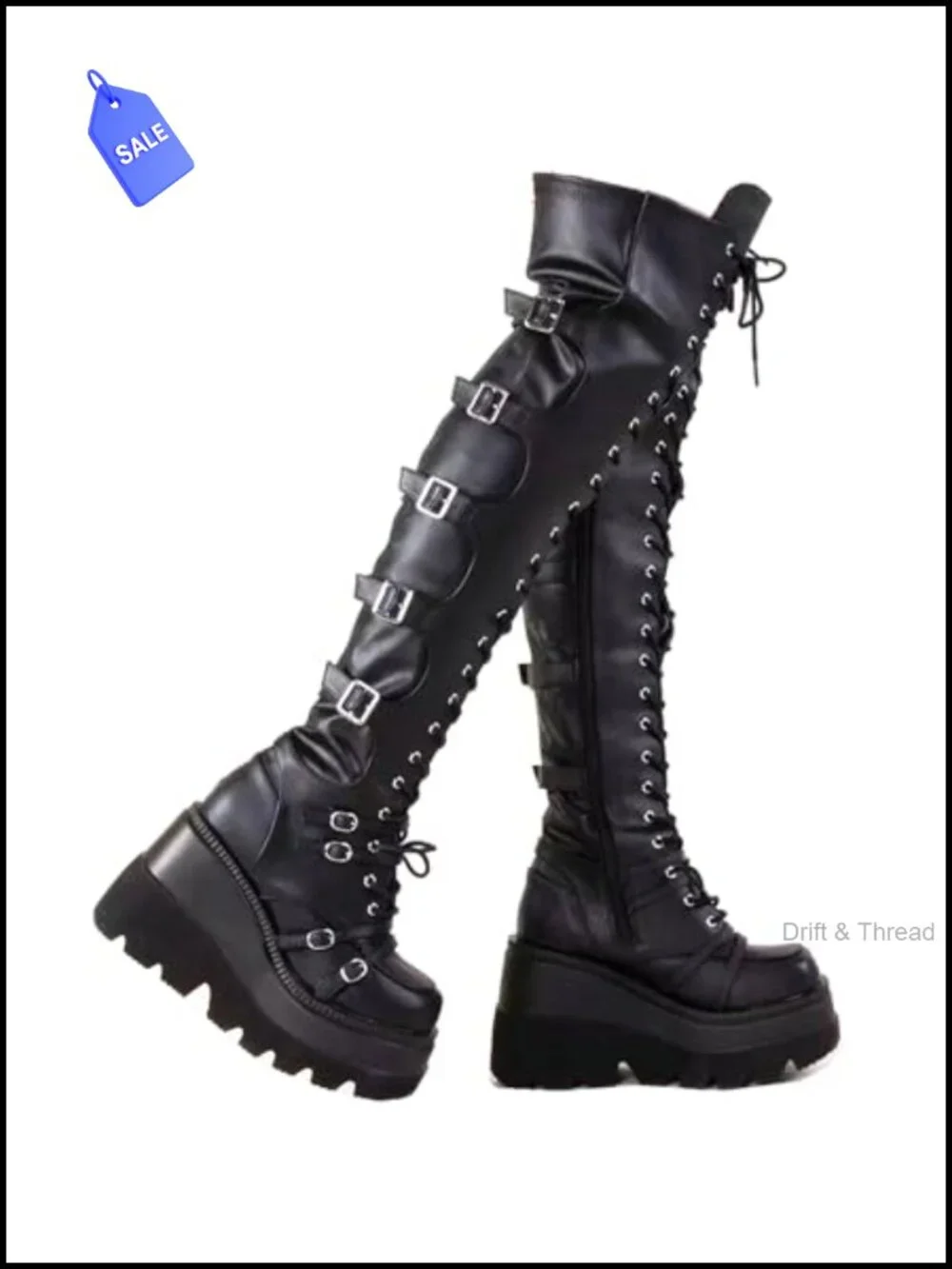 Black Over Knee Platform Boots Faux Leather Chunky Heel Buckles